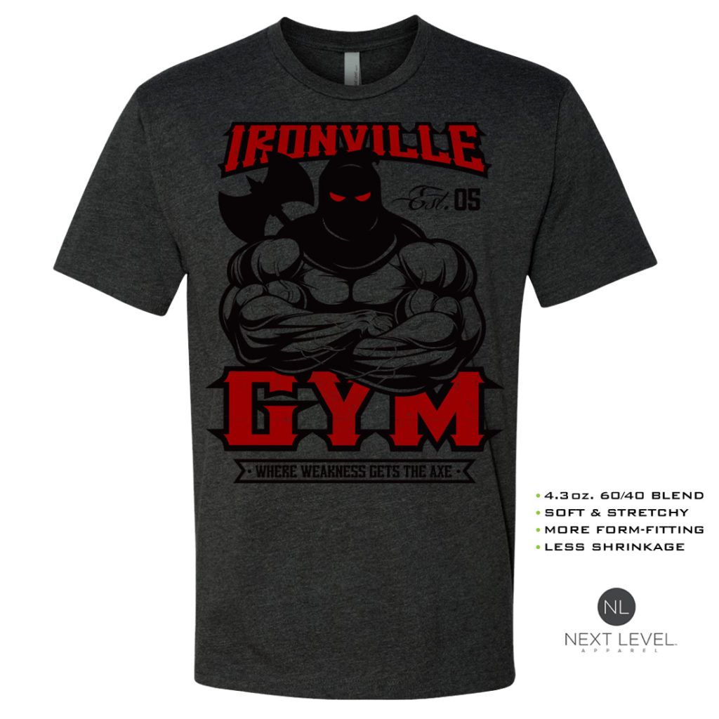 Ironville Gym Executioner Weakness Axe Soft Blend Fitted Powerlifting T Shirt Charcoal With Red Front Art