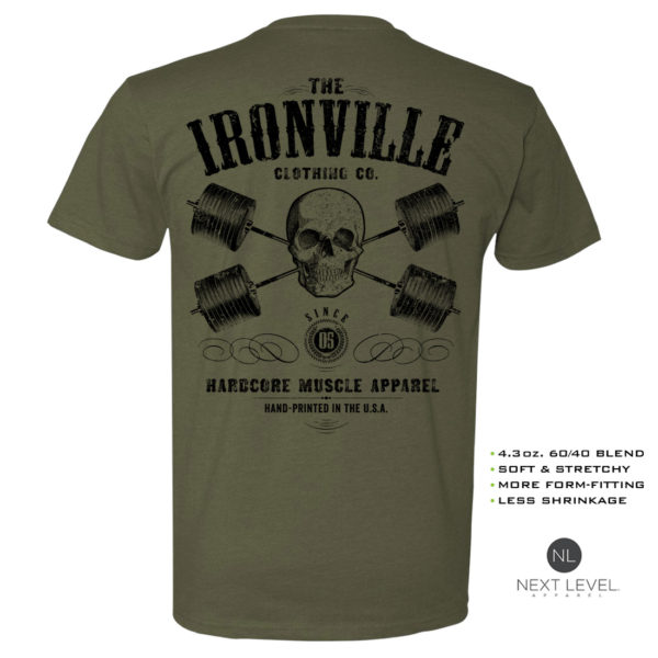 Arnold Special Edition Outlaw Skull Barbells Soft Blend Tshirt Military Green Black Ink Back