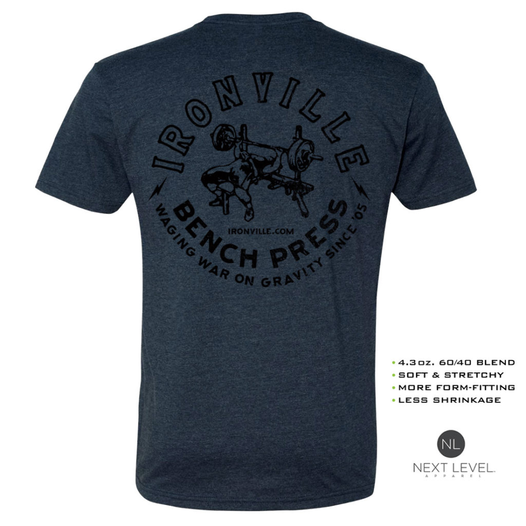 Ironville Old School Bench Press Waging War On Gravity Soft Blend Fitted Powerlifting T Shirt Navy Blue With Black Back Art