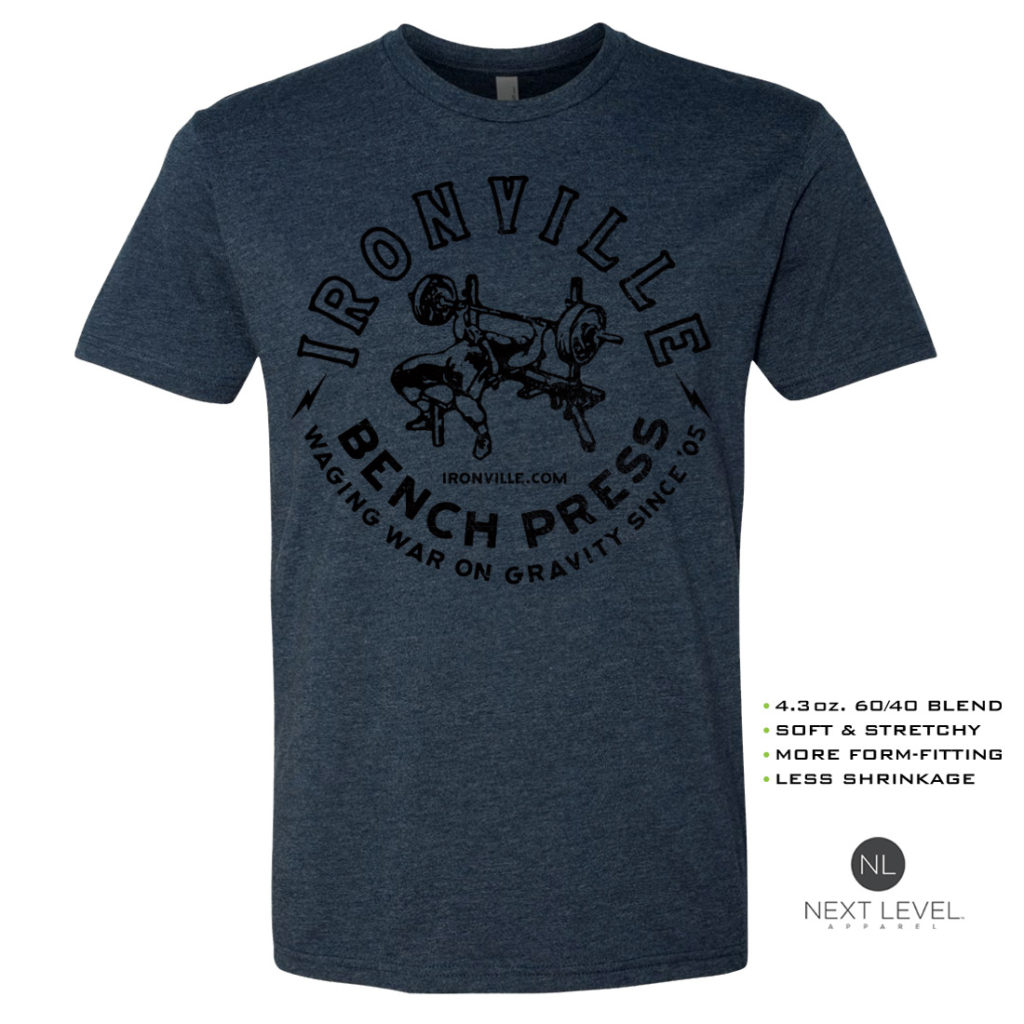 Ironville Old School Bench Press Waging War On Gravity Soft Blend Fitted Powerlifting T Shirt Navy Blue With Black Front Art