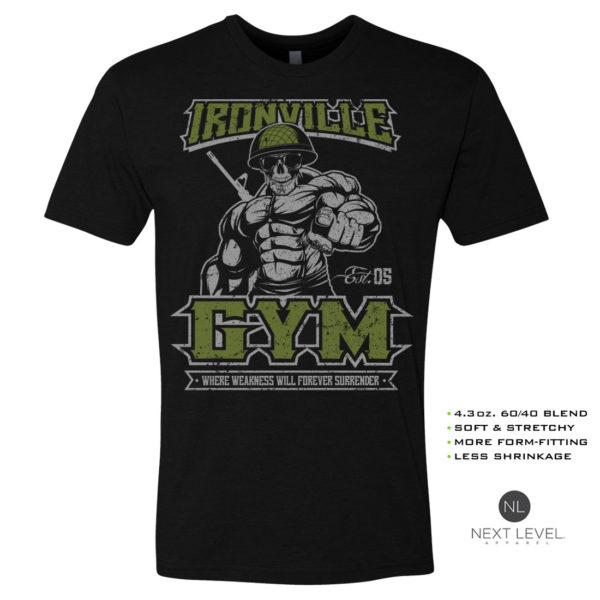 Ironville Gym Army Navy Air Force Marines Usa Military Weightlifting Soft Blend T Shirt Black Front Art