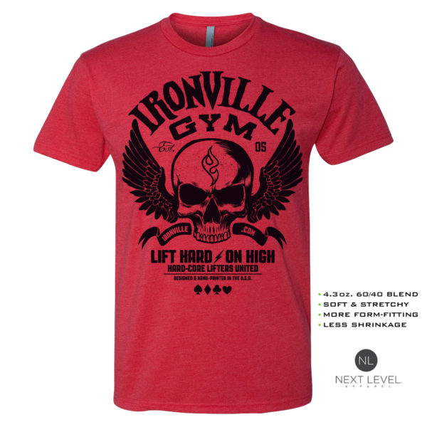 Ironville Gym Wings Soft Blend Fitted Powerlifting T Shirt Red With Black Front Art