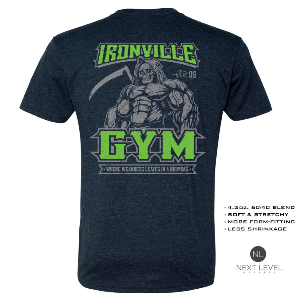 Ironville Gym Reaper Weakness Bodybag Soft Blend Fitted Weightlifting T Shirt Navy Blue With Green Back Art