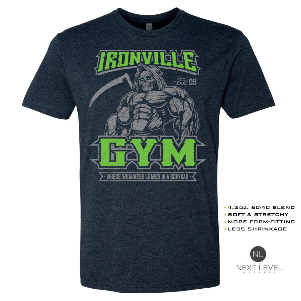 Ironville Gym Reaper Weakness Bodybag Soft Blend Fitted Weightlifting T Shirt Navy Blue With Green Front Art