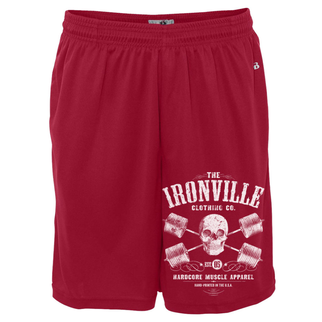 Heavy Iron Outlaw Skull Barbells Powerlifting Gym Shorts Polyester Red