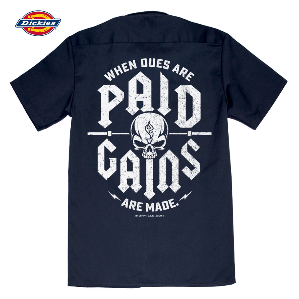 When Dues Are Paid Gains Made Casual Button Down Powerlifter Shop Shirt Navy Blue