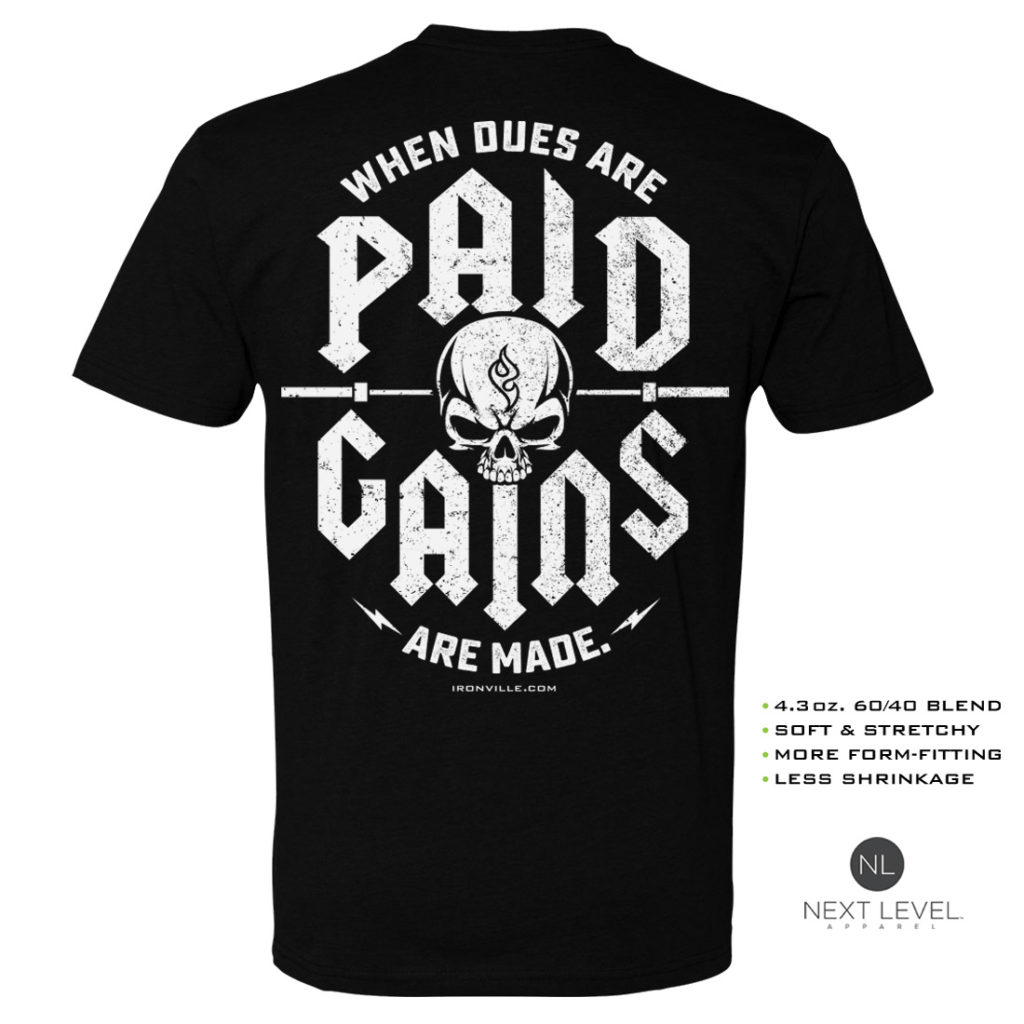 When Dues Are Paid Gains Made Soft Blend Fitted Powerlifting T Shirt Black With White Back Art