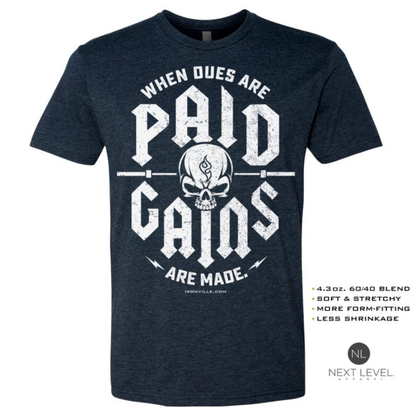 When Dues Are Paid Gains Made Soft Blend Fitted Powerlifting T Shirt Navy Blue With White Front Art