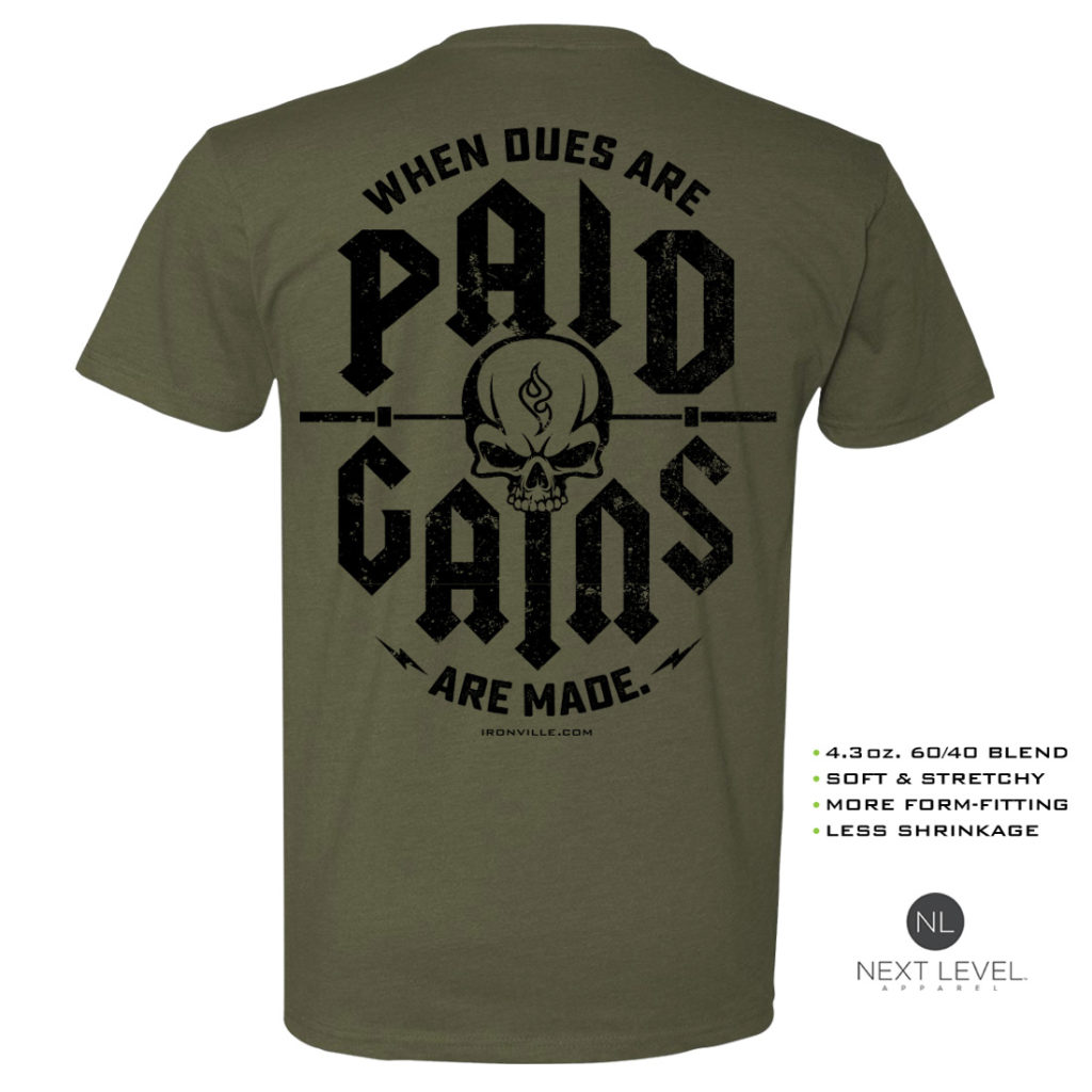 When Dues Are Paid Gains Made Soft Blend Fitted Bodybuilding T Shirt Military Green With Black Back Art