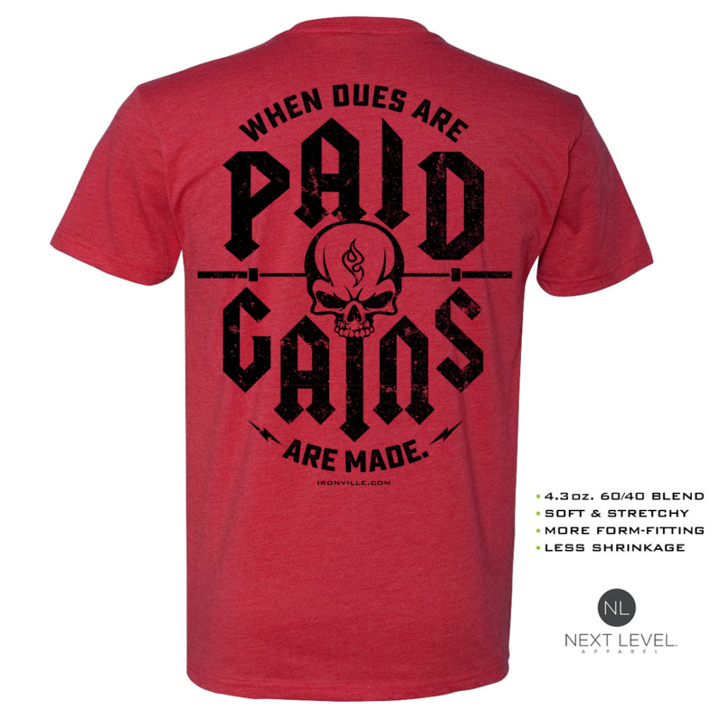 When Dues Are Paid Gains Made Soft Blend Fitted Bodybuilding T Shirt Red With Black Back Art