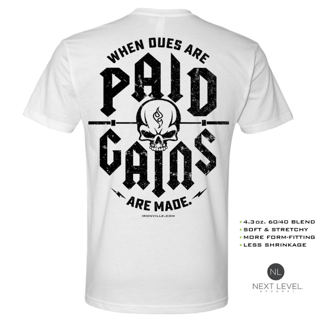 When Dues Are Paid Gains Made Soft Blend Fitted Bodybuilding T Shirt White With Black Back Art