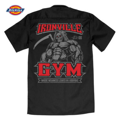 Ironville Gym Reaper Weakness Bodybag Weightlifting Button Down Shop Shirt Black Red