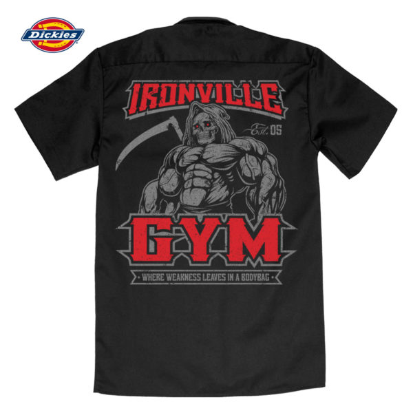 Ironville Gym Reaper Weakness Bodybag Weightlifting Button Down Shop Shirt Black Red