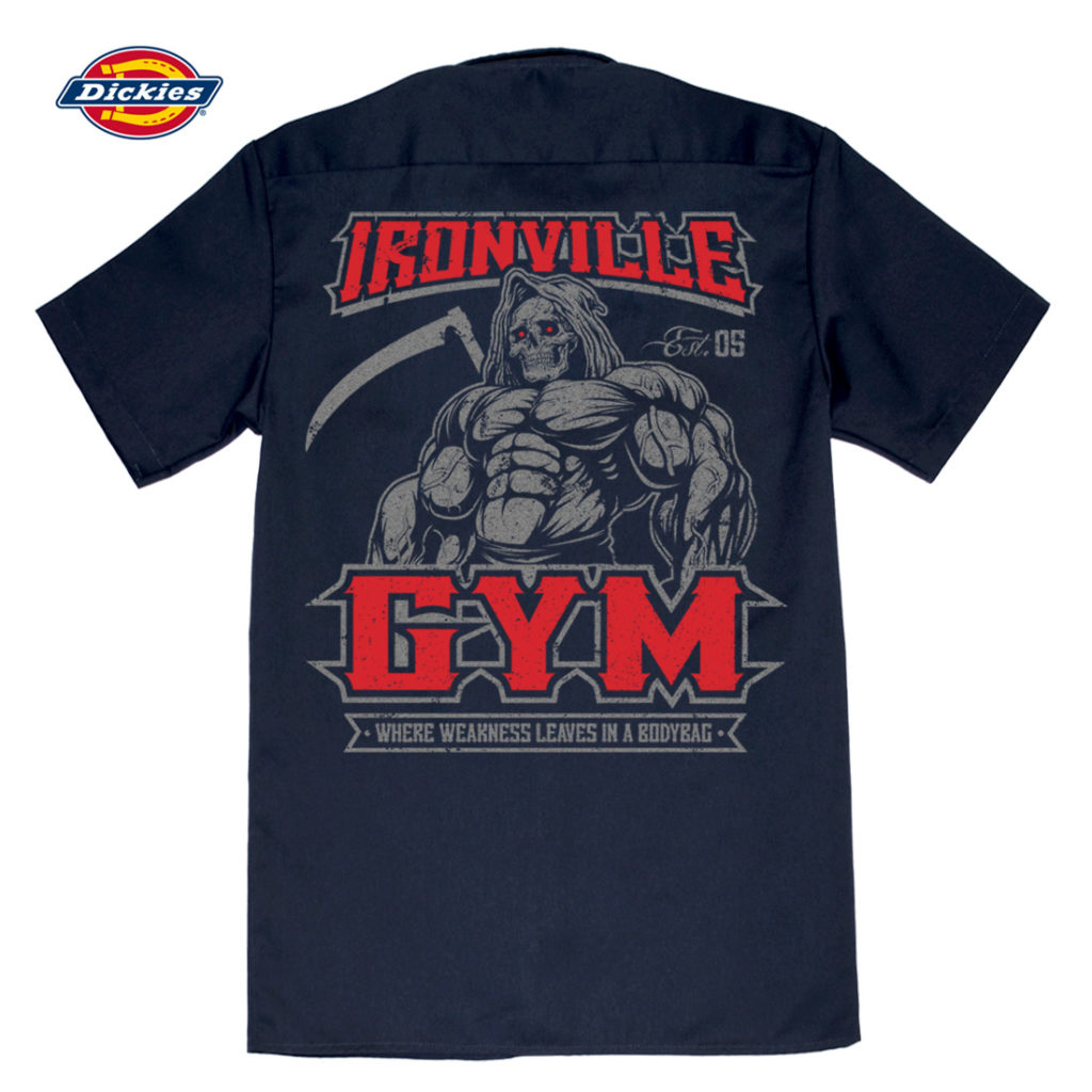 Ironville Gym Reaper Weakness Bodybag Weightlifting Button Down Shop Shirt Navy Blue Red