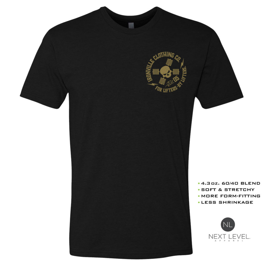 Ironville Soft Blend Next Level Fitted T Shirt Gold Skull Logo Black Front