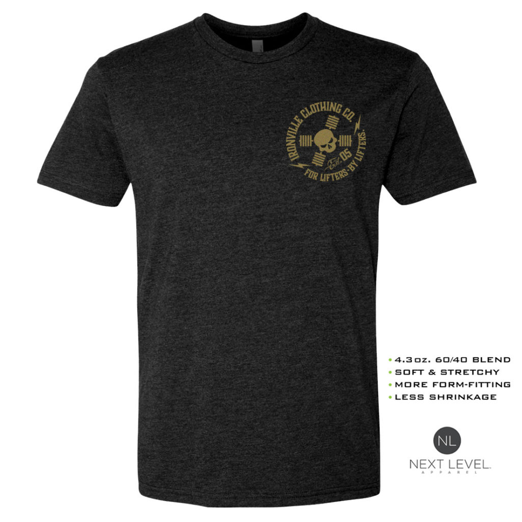 Ironville Soft Blend Next Level Fitted T Shirt Gold Skull Logo Charcoal Front
