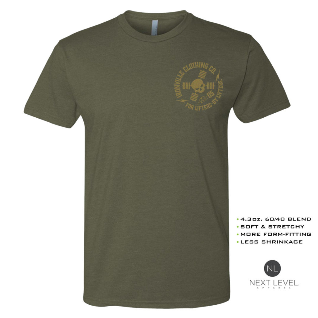 Ironville Soft Blend Next Level Fitted T Shirt Gold Skull Logo Military Green Front