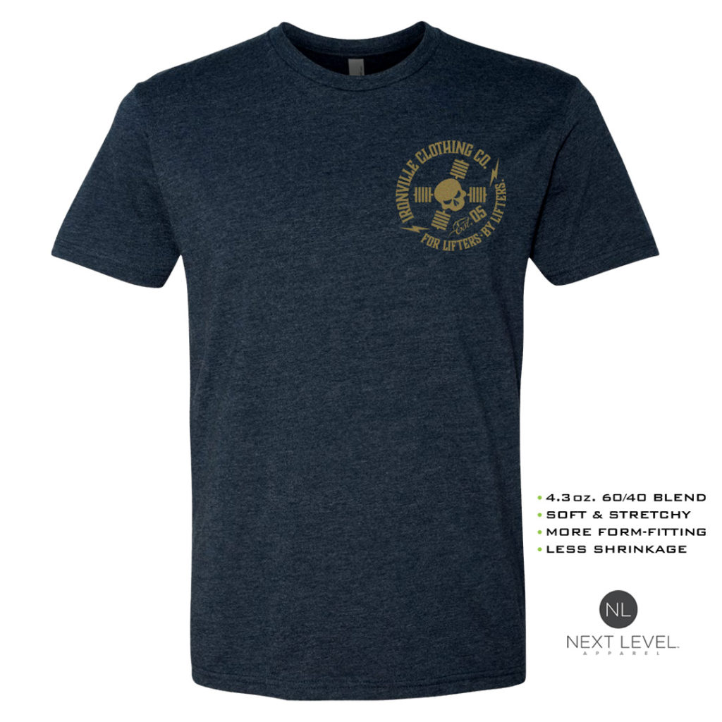 Ironville Soft Blend Next Level Fitted T Shirt Gold Skull Logo Navy Blue Front