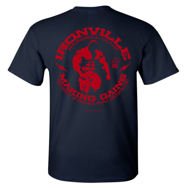 Ghost Bodybuilder Ironville Barbell Club Making Gains Born From Sacrifice Bodybuilding T Shirt Navy Blue With Red Back Art