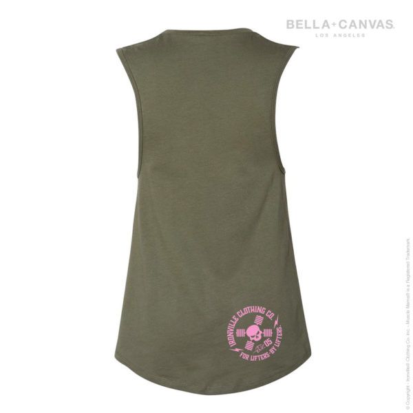 Muscle Mama 6003 Womens Muscle Tank Top Military Green Back With Pink Ink