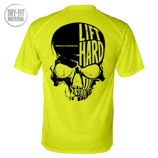 Ironville Skull Lift Hard Die Strong Powerlifting Dri Fit T Shirt Neon Yellow With Black Art