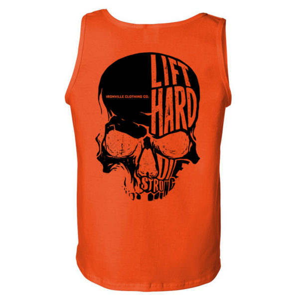 Ironville Skull Lift Hard Die Strong Powerlifting Gym Tank Top Orange With Black Art