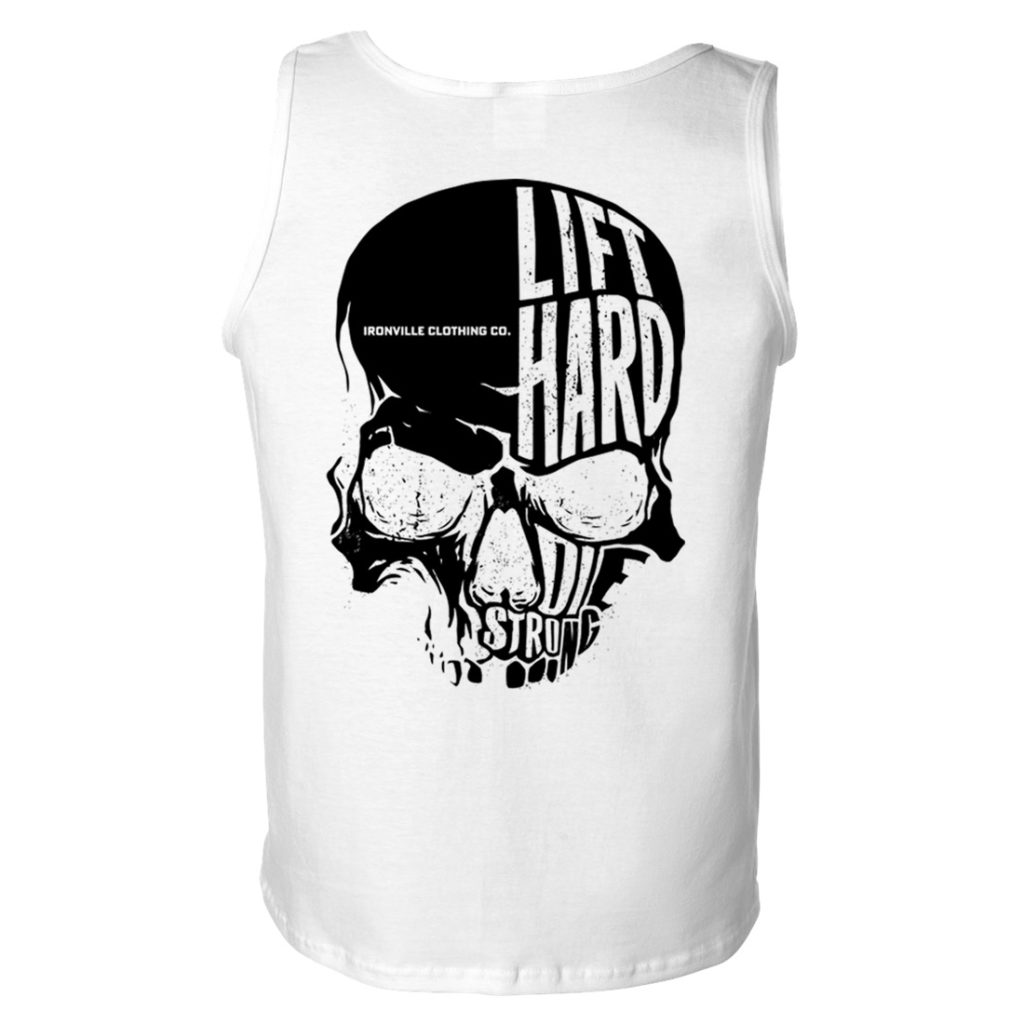 Ironville Skull Lift Hard Die Strong Powerlifting Gym Tank Top White With Black Art