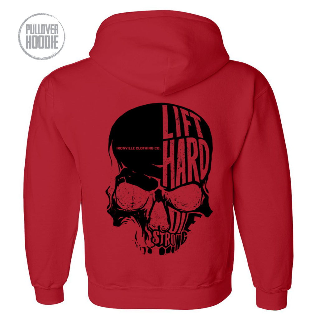 Ironville Skull Lift Hard Die Strong Powerlifting Hoodie Red With Black Art V2