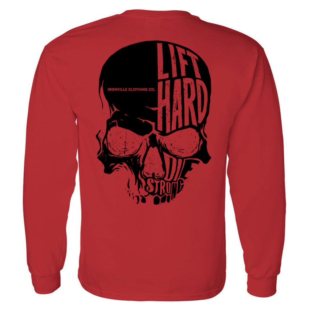 Ironville Skull Lift Hard Die Strong Powerlifting Long Sleeve T Shirt Red With Black Art