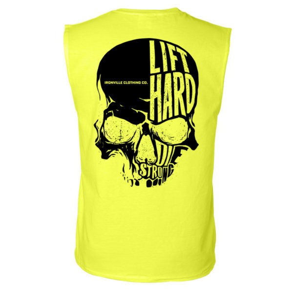 Ironville Skull Lift Hard Die Strong Powerlifting Sleeveless T Shirt Neon Yellow With Black Art
