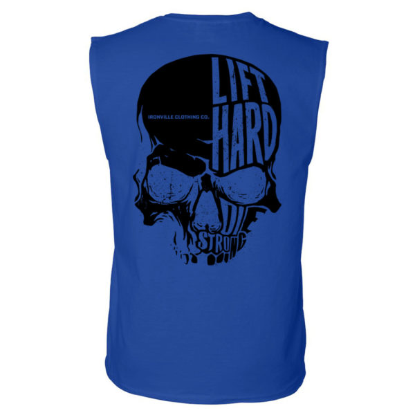 Ironville Skull Lift Hard Die Strong Powerlifting Sleeveless T Shirt Royal Blue With Black Art