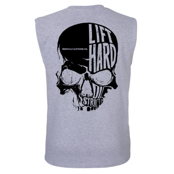 Ironville Skull Lift Hard Die Strong Powerlifting Sleeveless T Shirt Sport Gray With Black Art