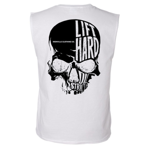 Ironville Skull Lift Hard Die Strong Powerlifting Sleeveless T Shirt White With Black Art