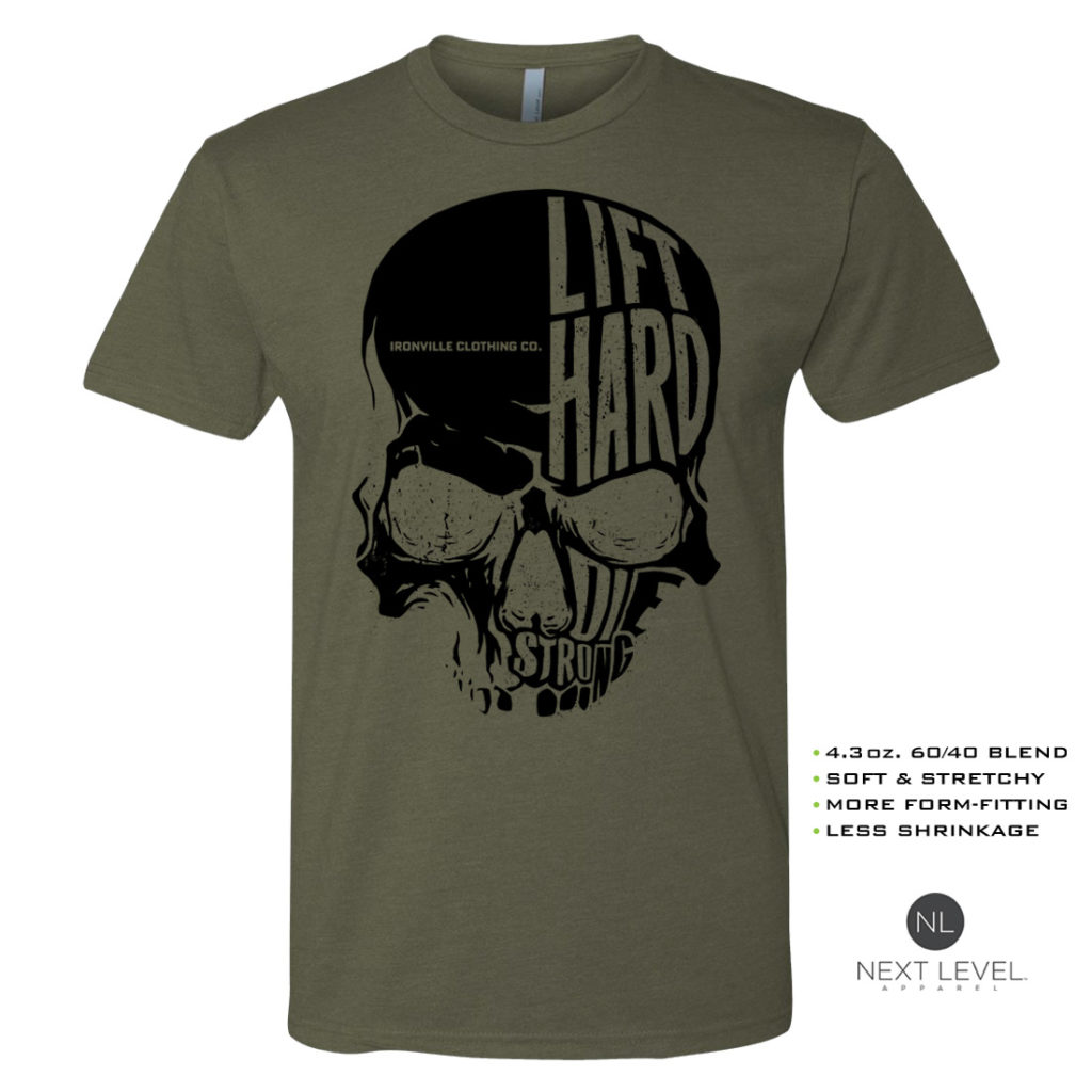 Ironville Skull Lift Hard Die Strong Powerlifting Soft Blend Fitted T Shirt Military Green With Black Front Art