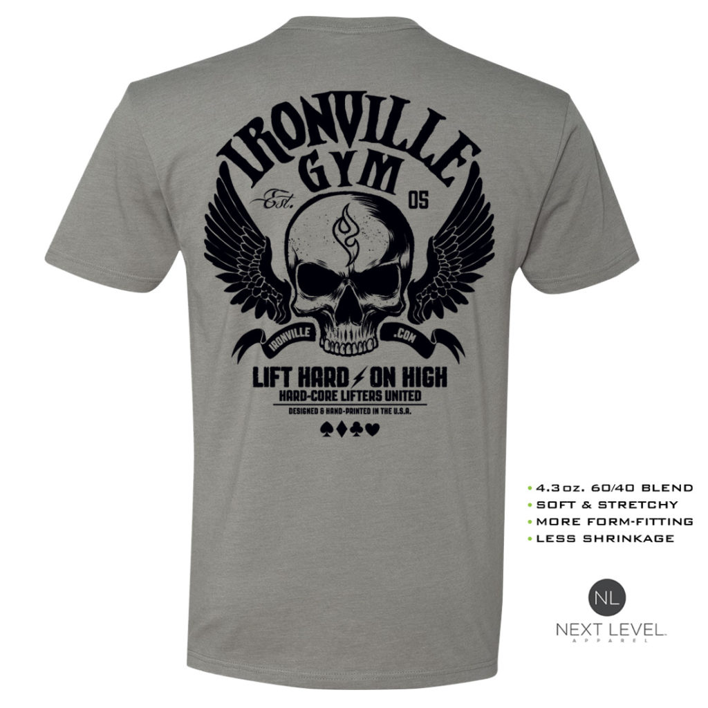 Ironville Gym Wings Soft Blend Fitted Powerlifting T Shirt Stone Gray With Black Back Art