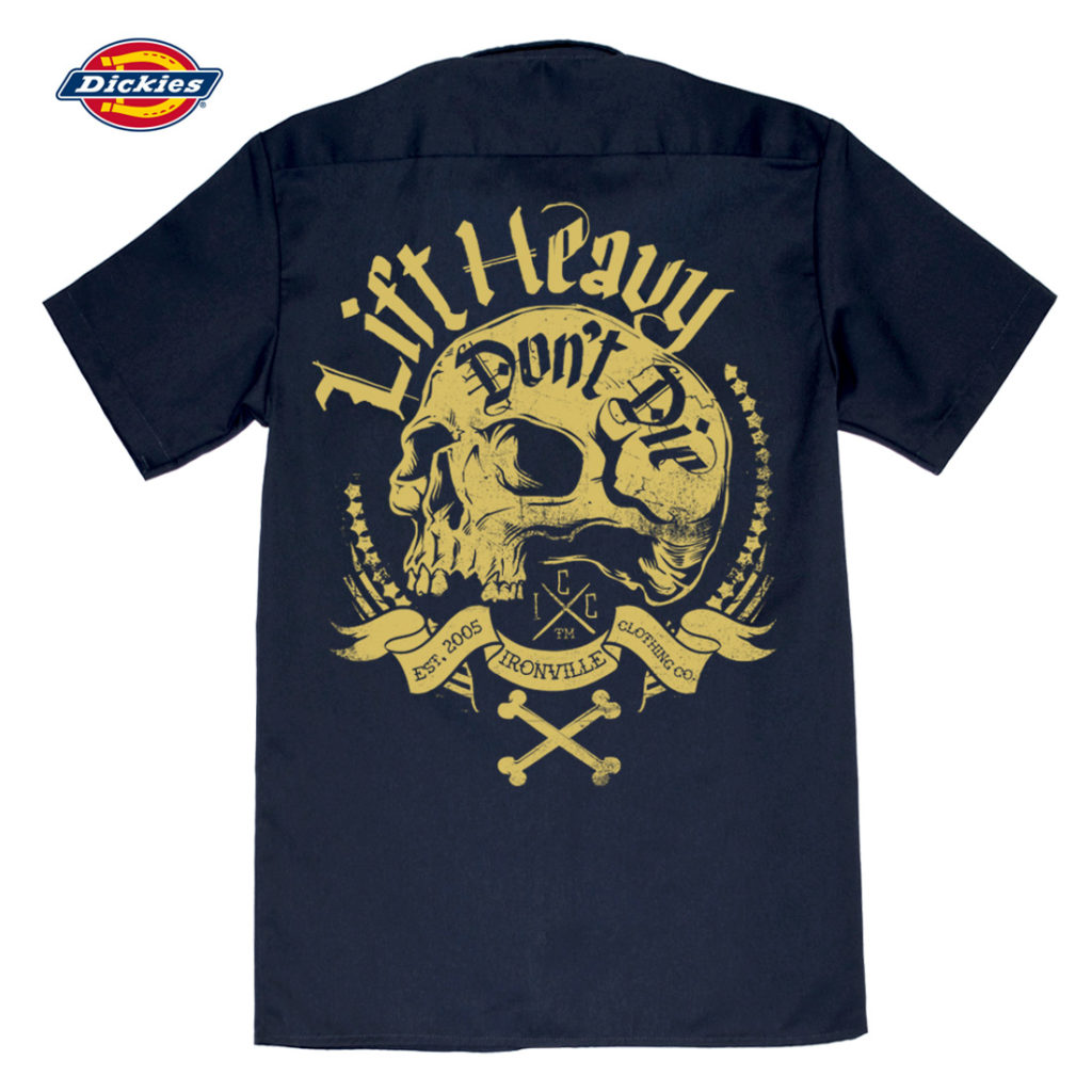 Ironville Lift Heavy Dont Die Powerlifting Button Down Shop Shirt Navy Blue With Pale Yellow Art