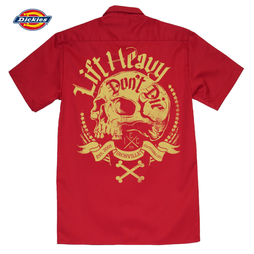 Ironville Lift Heavy Dont Die Powerlifting Button Down Shop Shirt Red With Pale Yellow Art