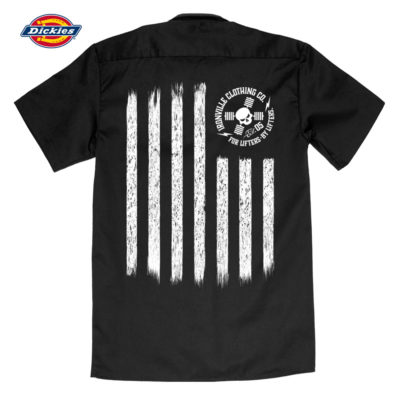 Iron Stripes United States American Flag Skull Casual Button Down Weightlifter Shop Shirt Black With White