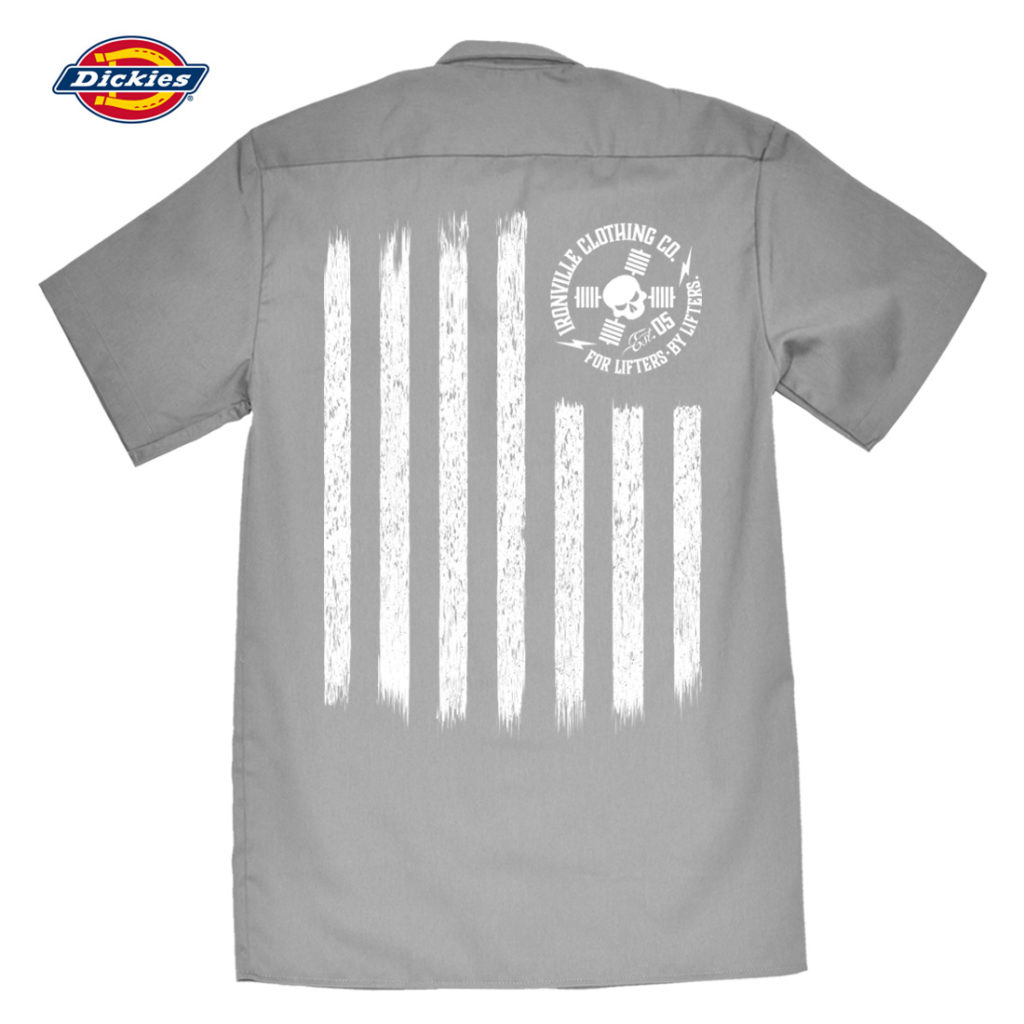 Iron Stripes United States American Flag Skull Casual Button Down Weightlifter Shop Shirt Gray With White
