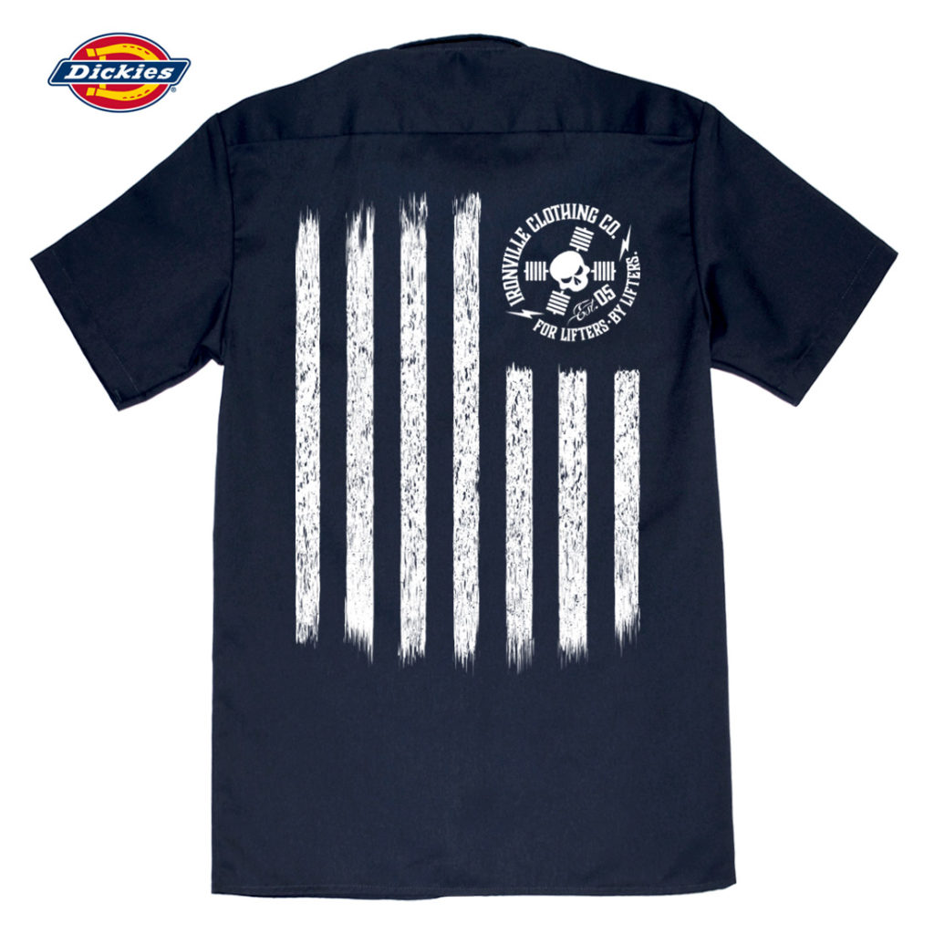 Iron Stripes United States American Flag Skull Casual Button Down Weightlifter Shop Shirt Navy Blue With White