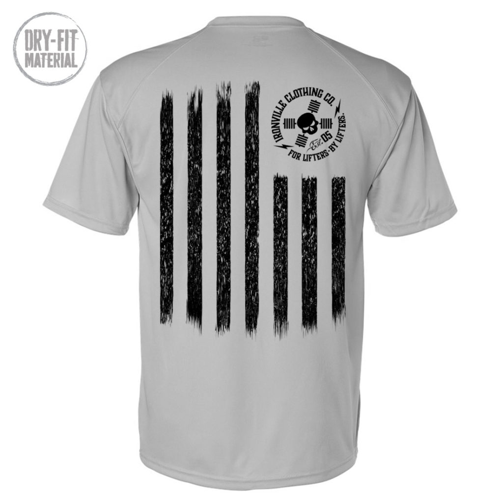 Iron Stripes United States American Flag Skull Soft Blend Fitted Weightlifting Dri Fit T Shirt Gray With Black