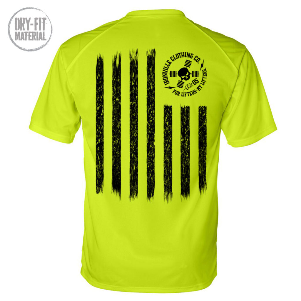 Iron Stripes United States American Flag Skull Soft Blend Fitted Weightlifting Dri Fit T Shirt Neon Yellow With Black