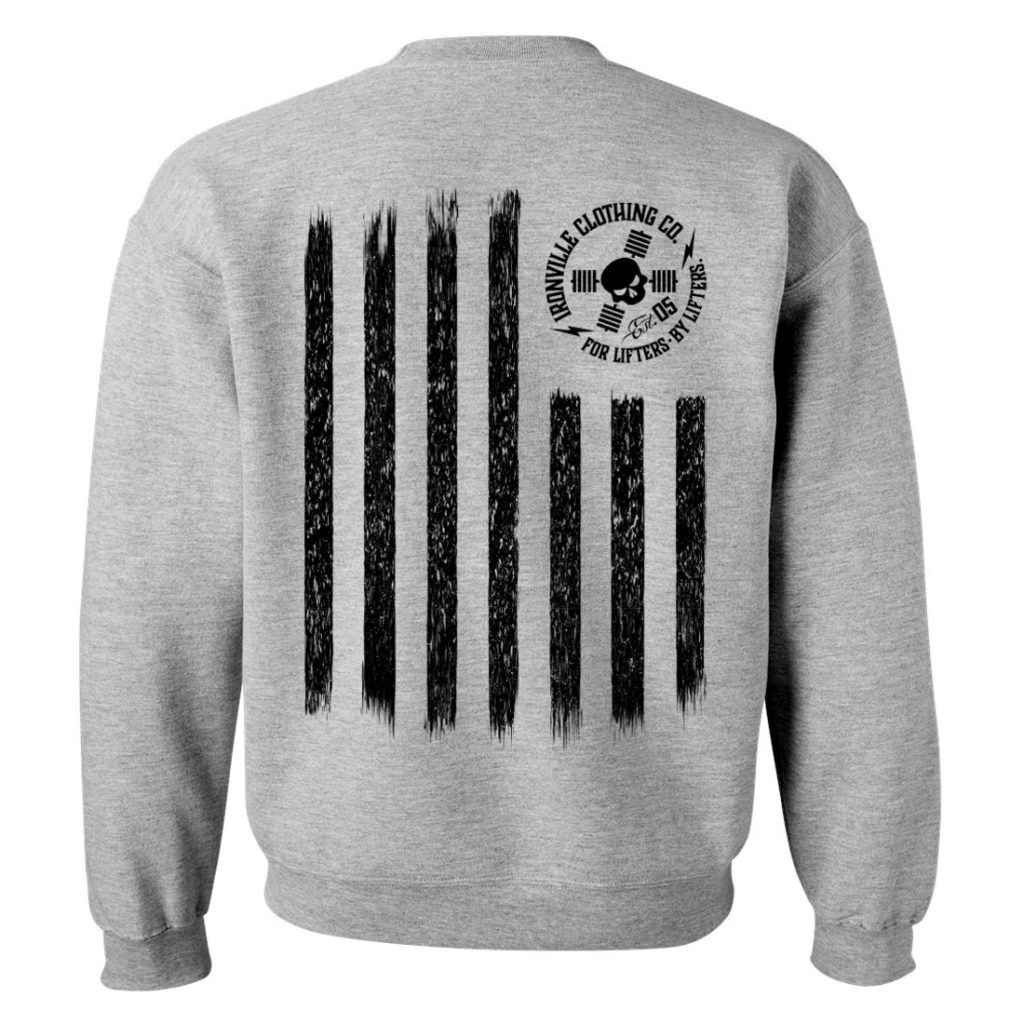 Iron Stripes United States American Flag Skull Soft Blend Fitted Weightlifting Sweatshirt Sport Gray With Black