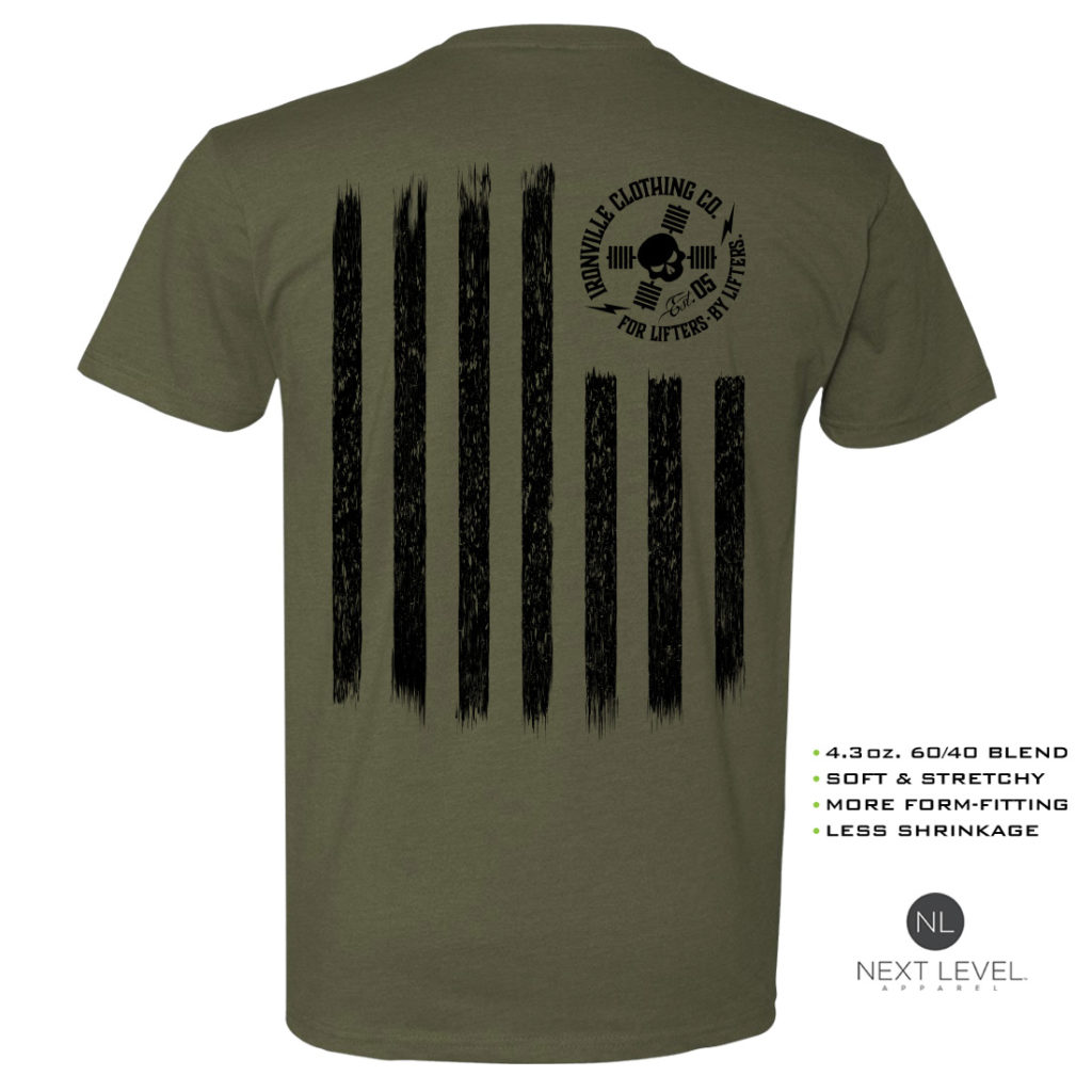 Iron Stripes United States American Flag Skull Soft Blend Fitted Weightlifting T Shirt Military Green With Black Back Art