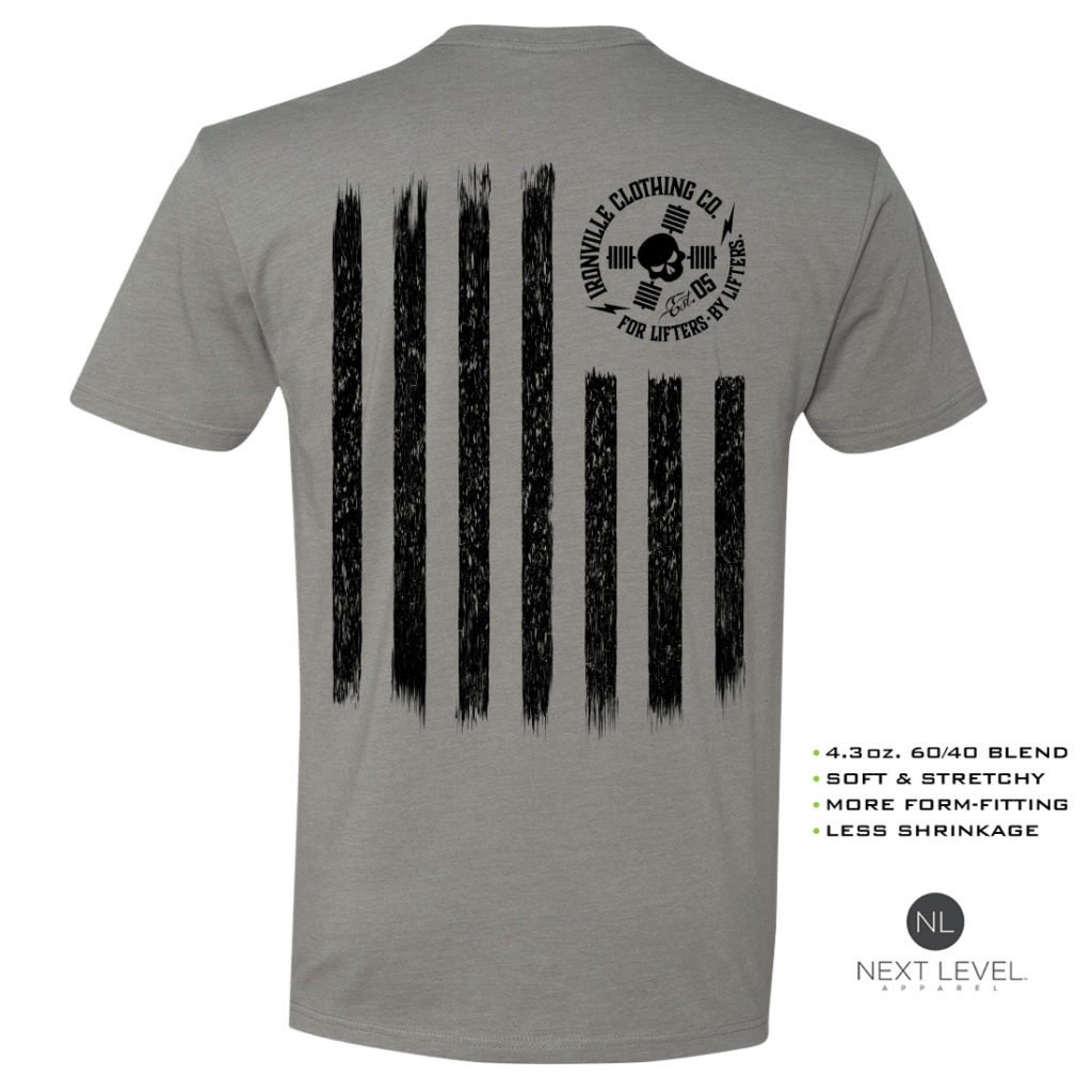 Iron Stripes United States American Flag Skull Soft Blend Fitted Weightlifting T Shirt Stone Gray With Black Back Art