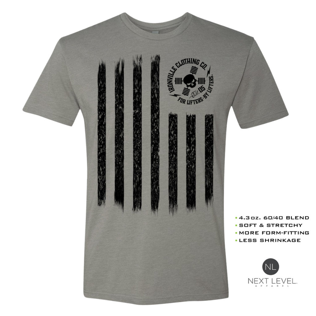 Iron Stripes United States American Flag Skull Soft Blend Fitted Weightlifting T Shirt Stone Gray With Black Front Art