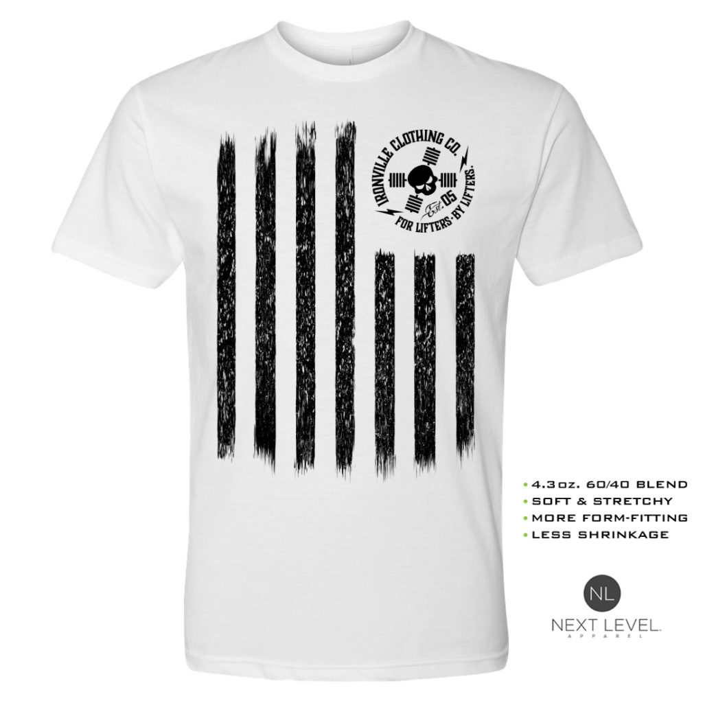 Iron Stripes United States American Flag Skull Soft Blend Fitted Weightlifting T Shirt White With Black Front Art