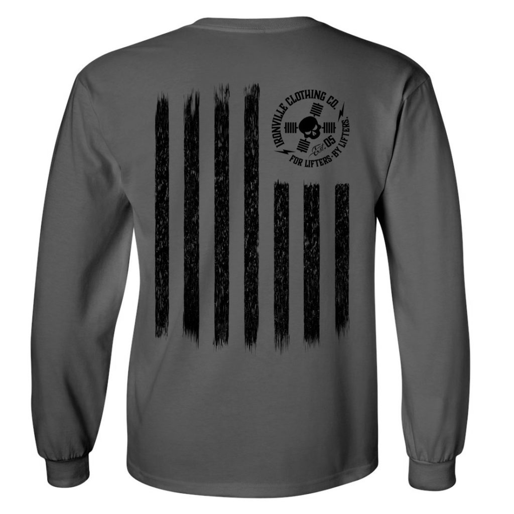 Iron Stripes United States American Flag Skull Weightlifting Long Sleeve T Shirt Charcoal Gray With Black