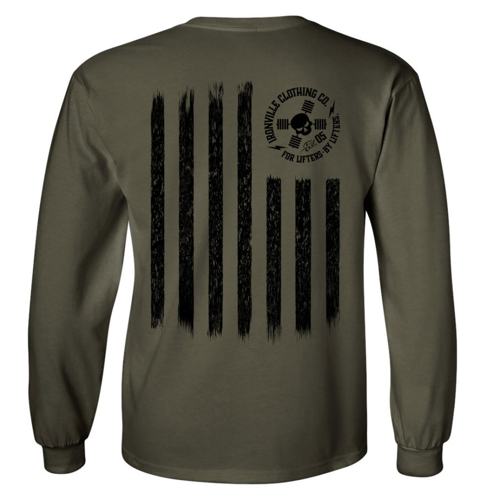 Iron Stripes United States American Flag Skull Weightlifting Long Sleeve T Shirt Military Green With Black