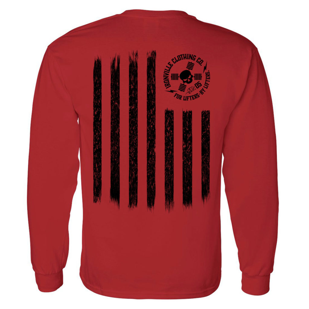 Iron Stripes United States American Flag Skull Weightlifting Long Sleeve T Shirt Red With Black